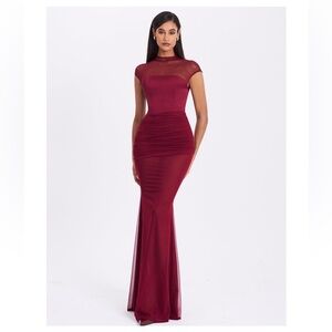 Miss Circle Fabienne Burgundy Mesh Cap Sleeve Mermaid Gown